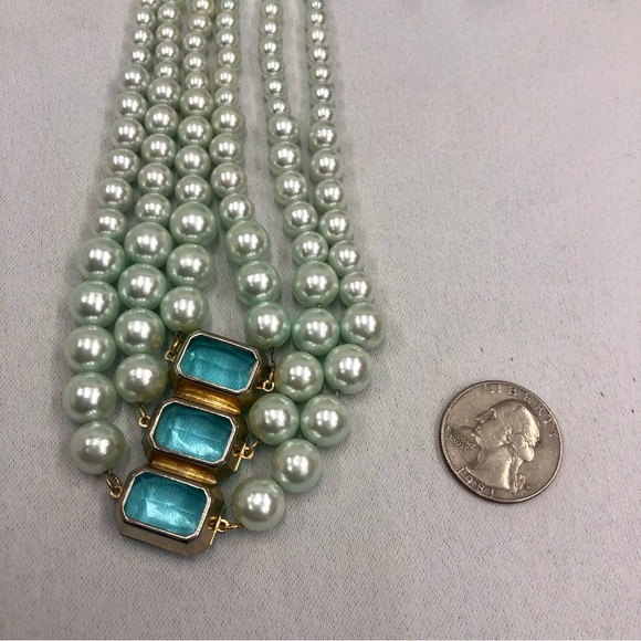 Vintage Faux Pearl Blue Glass 3 Strand Necklace - Picture 9 of 16
